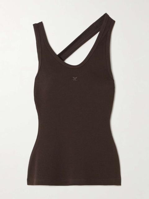 Asymmetric embroidered ribbed stretch cotton-jersey tank