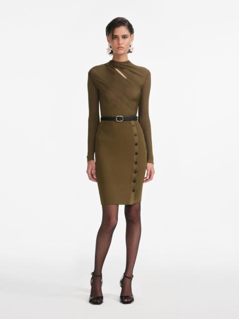 self-portrait Khaki Cut Out Rib Knit Mini Dress