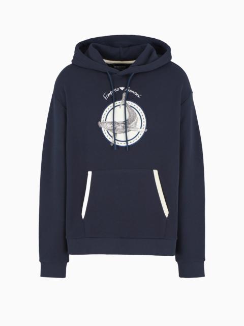 EMPORIO ARMANI Twill hooded sweatshirt with oversized whale patch