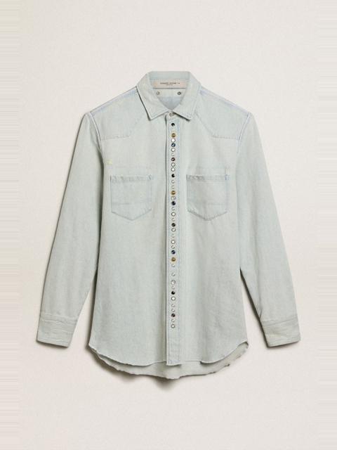 Golden Goose Men's bleached denim shirt with hammered studs