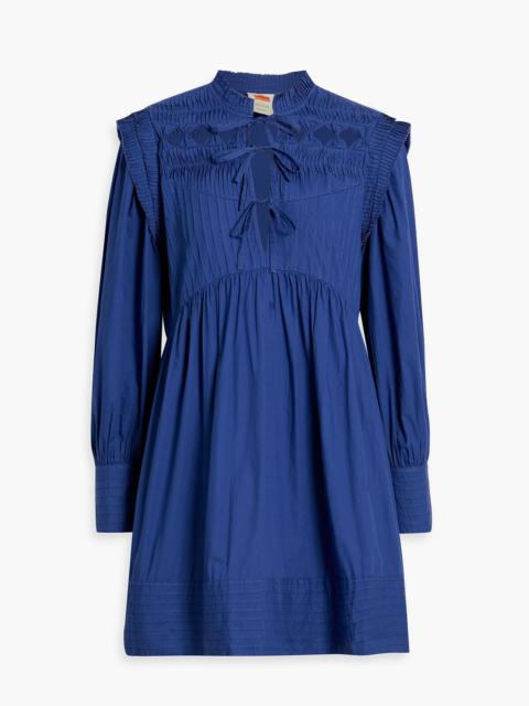 FARM RIO Tie-front pintucked cotton-poplin mini dress