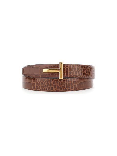 TOM FORD Brown Reversible Belt With T Buckle Closure And Embossed Crocodile Effect In Leather Man
