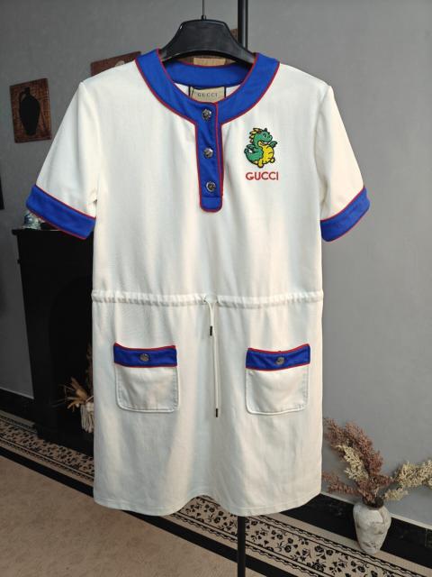 GUCCI Gucci White Blue Red Trim Dinosaur Embroidery Cotton Dress