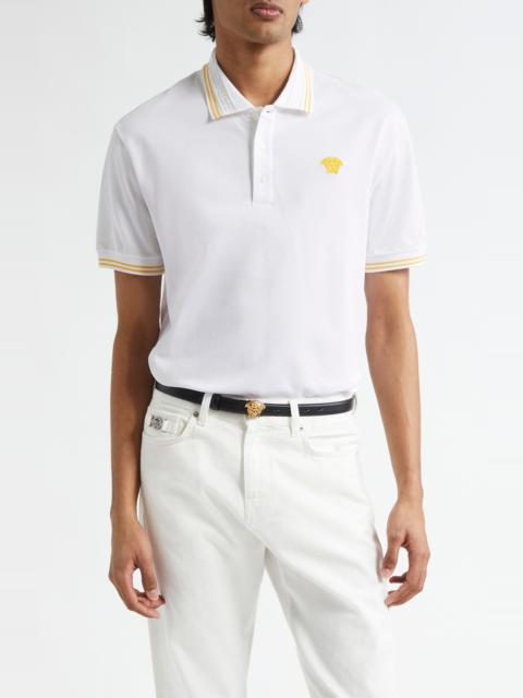 VERSACE Versace Tipped Embroidered Medusa Cotton Piqué Polo in Optical White at Nordstrom