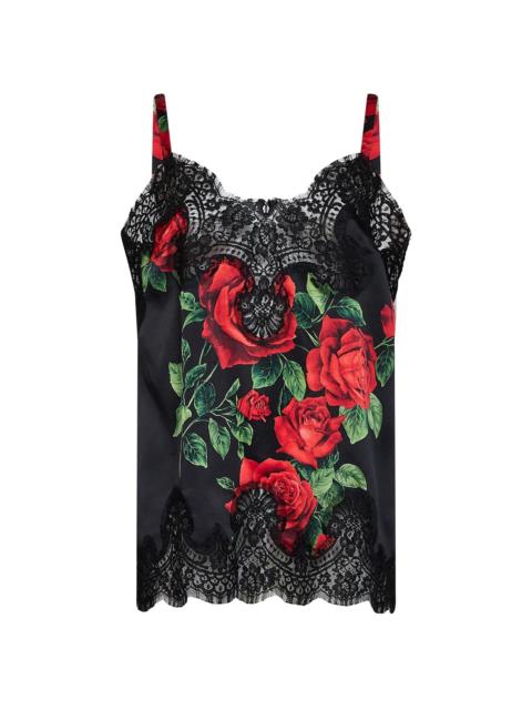 Dolce & Gabbana Dolce & Gabbana Women Black Rose-Print Silk Satin Top With Lace