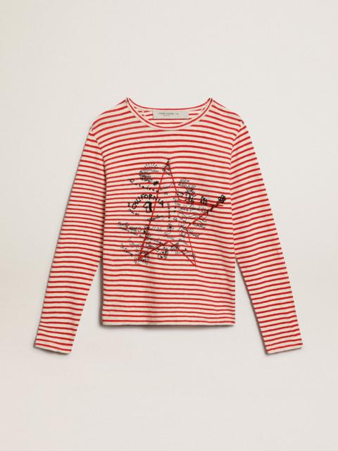 Golden Goose Women's T-shirt with white and red stripes and embroidery on the front
