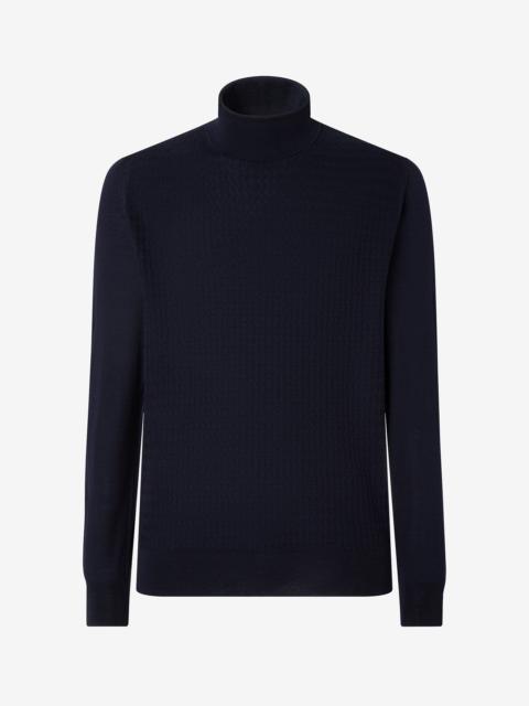 CORNELIANI Blue ultra-fine 120's wool button-up polo shirt with wavy stitch