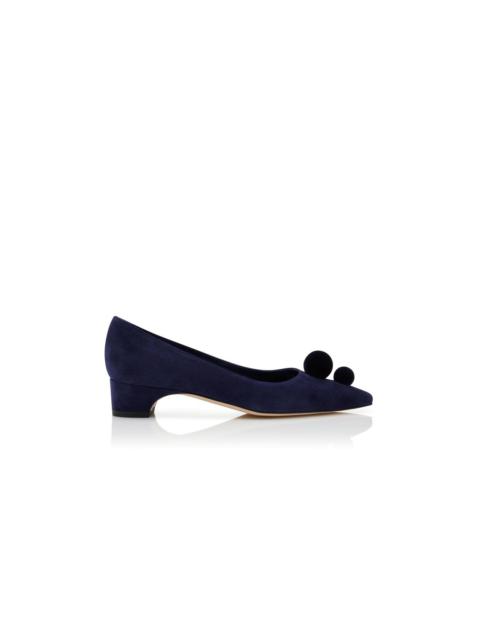 Manolo Blahnik Navy Blue Suede Pom Pom Detail Pumps