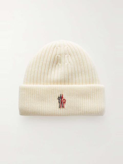Appliqued padded ribbed wool beanie