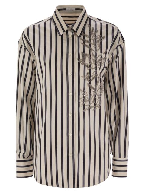 Brunello Cucinelli Brunello Cucinelli Women Regimental Cotton And Silk Poplin Shirt With Glistening Herbarium Embroider