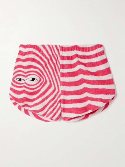 Embroidered striped cotton-terry shorts Red