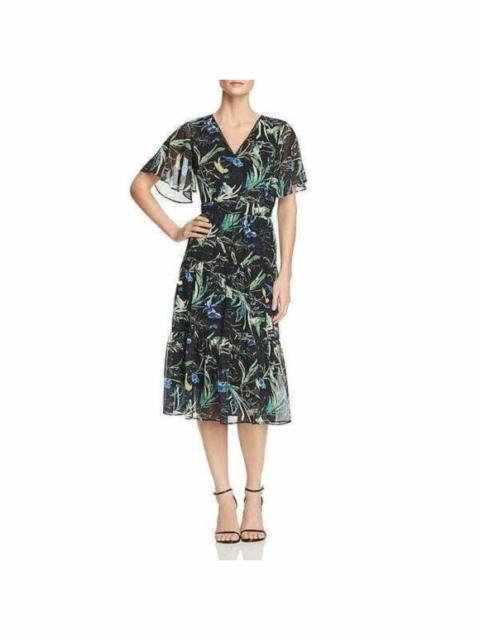 Other Designers LE GALI Dress Printed Chiffon Flounce Midi Black Green Dress Sz 6 NWT $159