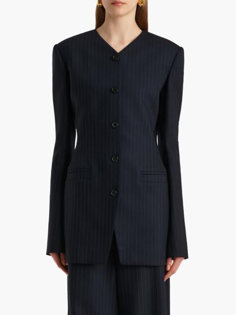 KHAITE Khaite Naran Pinstripe Single Breasted Stretch Virgin Wool & Cotton Blazer in Navy /White at Nordstr