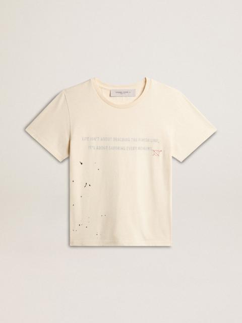 Women's aged white cotton T-shirt with print and embroidery