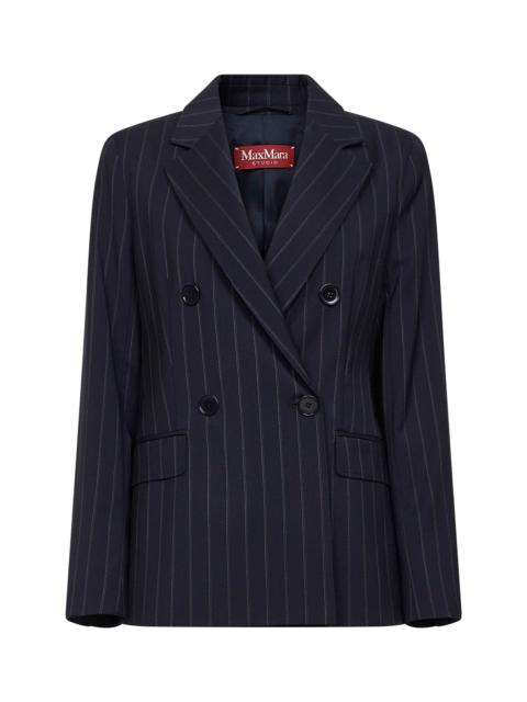 Max Mara Studio Max Mara Studio Women Blue Pinstripe Canvas Mstonagro Double-Breasted Blazer