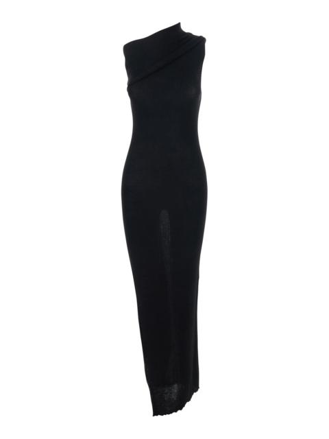 Rick Owens Rick Owens Women 'Athena' Black Asymmetrical Long Dress With Wide Neck And Ribbed Design In Cotton K