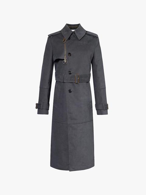 Belted-waist check-lined suede trench coat