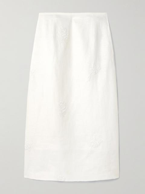SIR. Alessandra Embroidered Linen Midi Skirt