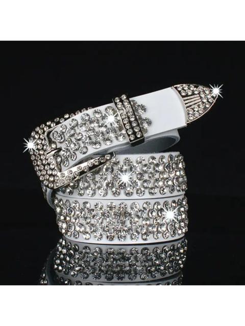 White Rhinestone PU Leather Belt