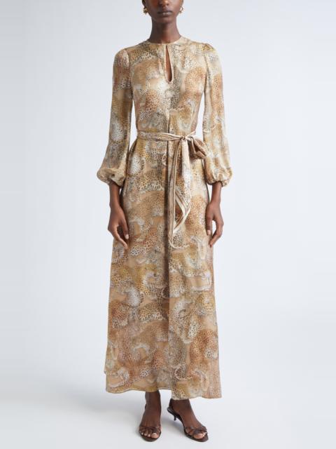 Zimmermann Zimmermann Rebellion Long Sleeve Belted Silk Maxi Dress in Latte Leopard at Nordstrom