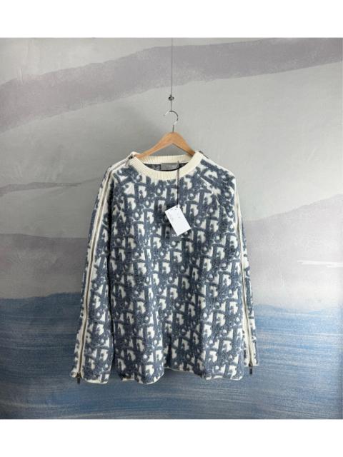 Dior Dior White and Blue All-Over Print Terry Wool Sweater with Zippered Sleeve Detail