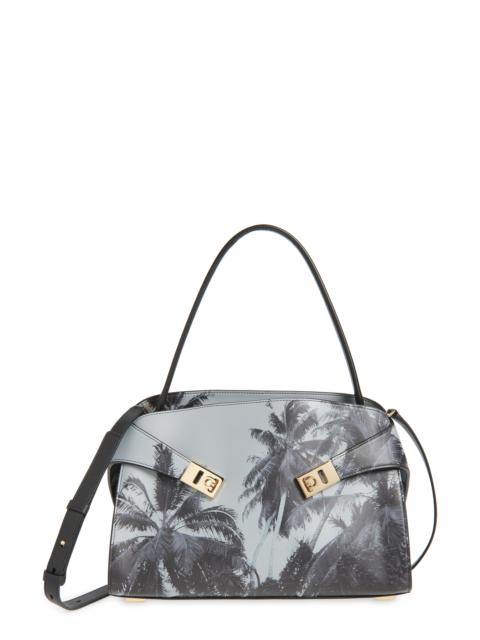 FERRAGAMO FERRAGAMO Medium Hug Palm Print Soft Leather Top Handle Bag in Optic-White Nero at Nordstrom