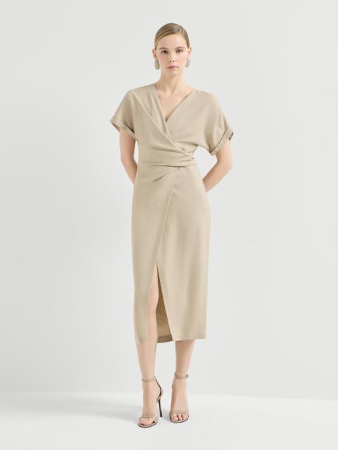 Brunello Cucinelli Viscose and linen fluid twill wrap-effect dress with monili