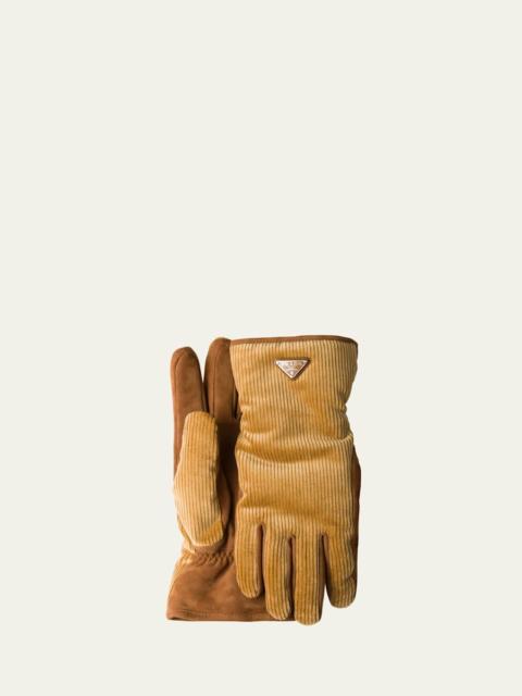 Prada Men's Velluto Coste Corduroy and Suede Gloves