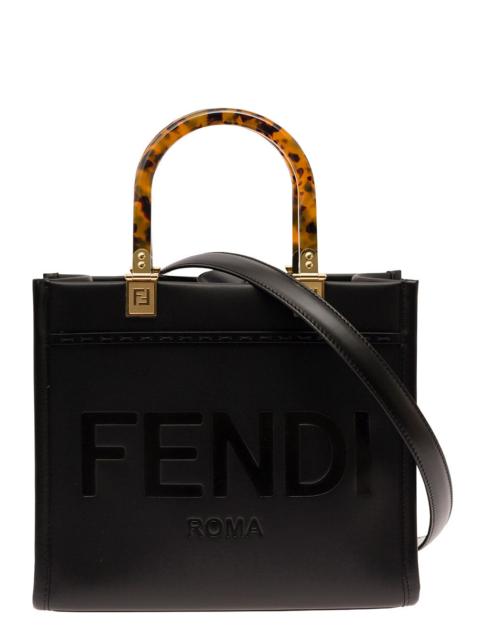 FENDI Fendi Women 'Sunshine Small' Black Tote Bag With Embossed Logo And Tortoiseshell Handles In Leather 
