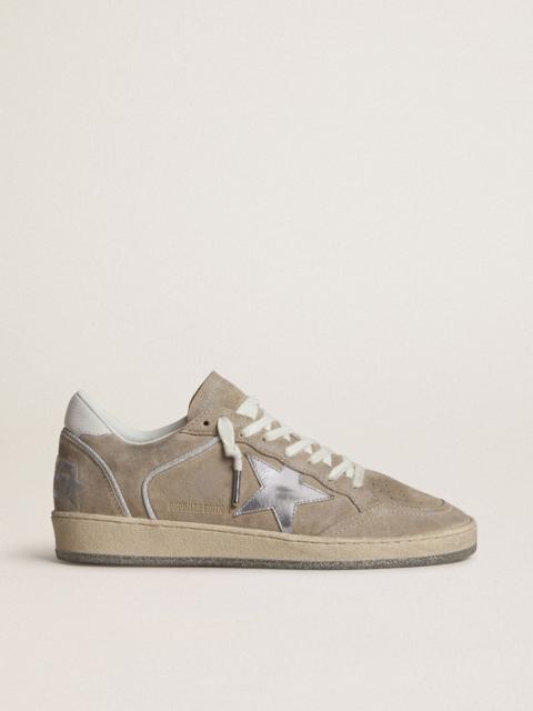 Golden Goose Ball Star LTD in beige suede with silver metallic leather star and white leather heel tab
