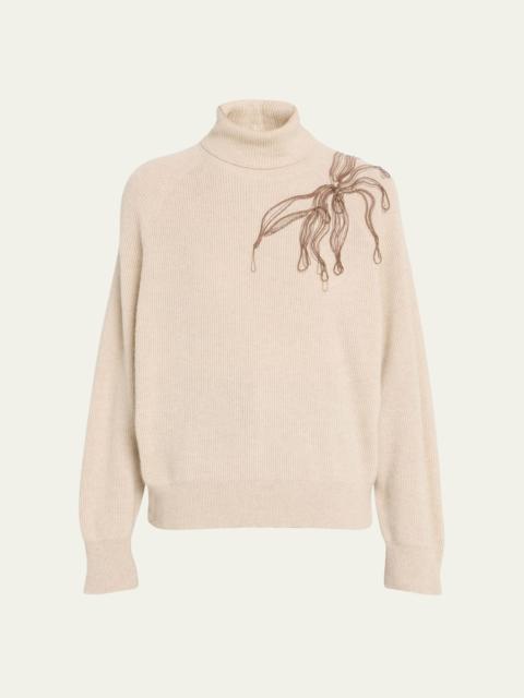 Cashmere Turtleneck with Monili Flower Detail