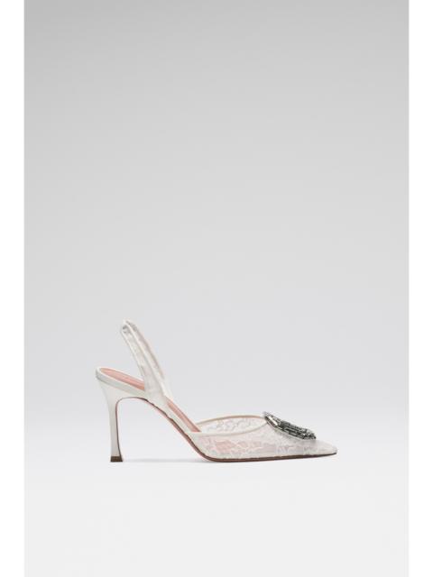 Amina Muaddi CAMELIA LACE SLING IVORY LACE AND ANTIQUE BUCKLE