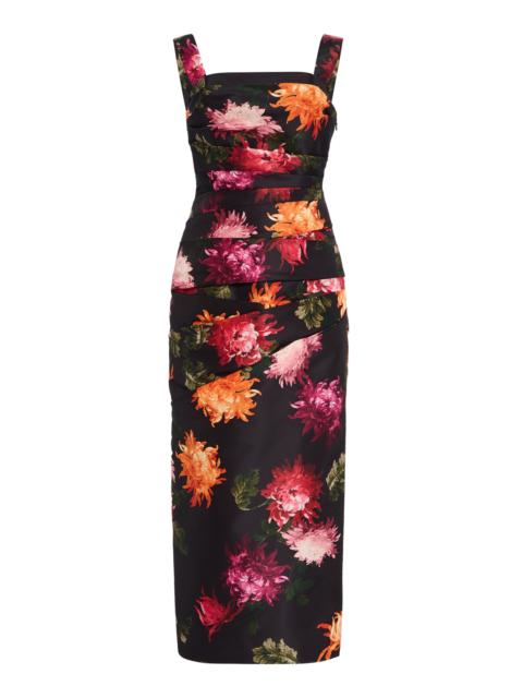 CAROLINA HERRERA Draped Floral-Printed Midi Dress black
