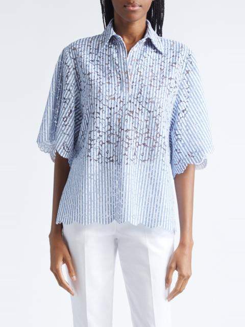 MICHAEL KORS COLLECTION Michael Kors Collection Stripe Floral Lace Shirt in Lake/optic White at Nordstrom