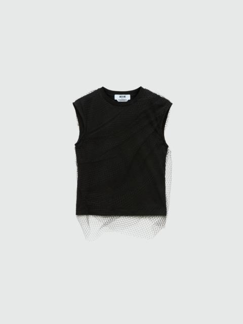 MSGM Black cotton jersey top with tulle layer
