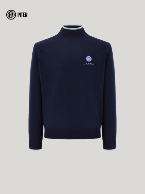 Canali NAVY BLUE PURE WOOL MOCK NECK SWEATER WITH RIBBED DETAILS - INTER COLLECTION