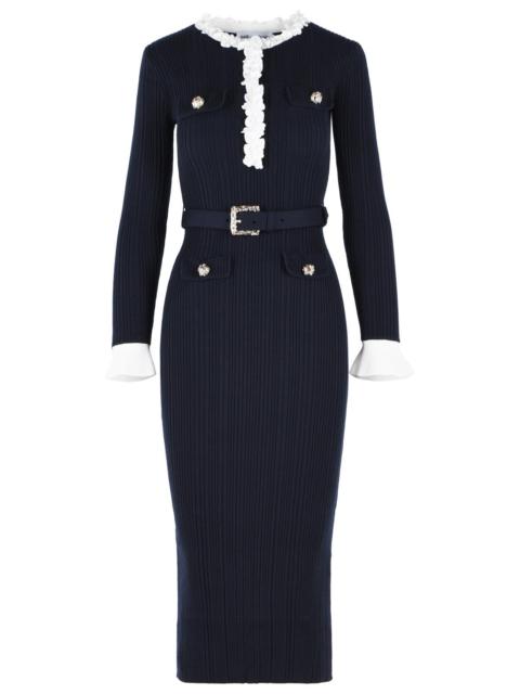 self-portrait Self Portrait 'Flower' Midi Dress In Navy Wool Blend Women