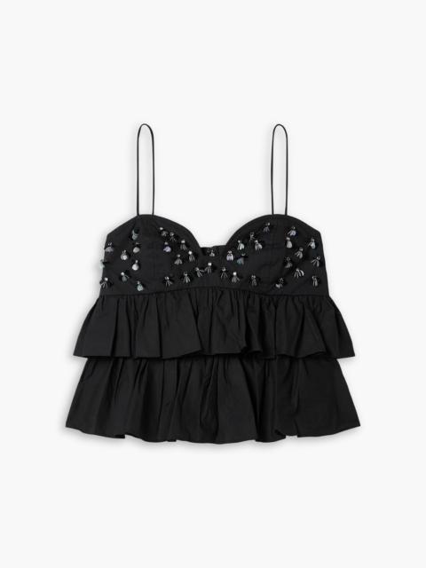 ULLA JOHNSON Lucia cropped embellished ruffled cotton-poplin top