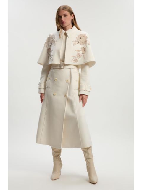KAREN MILLEN Brushed Wool Pu Mix Placed Floral Embroidery Applique Tailored Cape Full Skirted Midi Coat