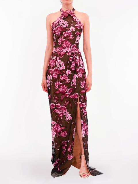 Marchesa BRONIX BOTANICALS HALTER COLUMN GOWN