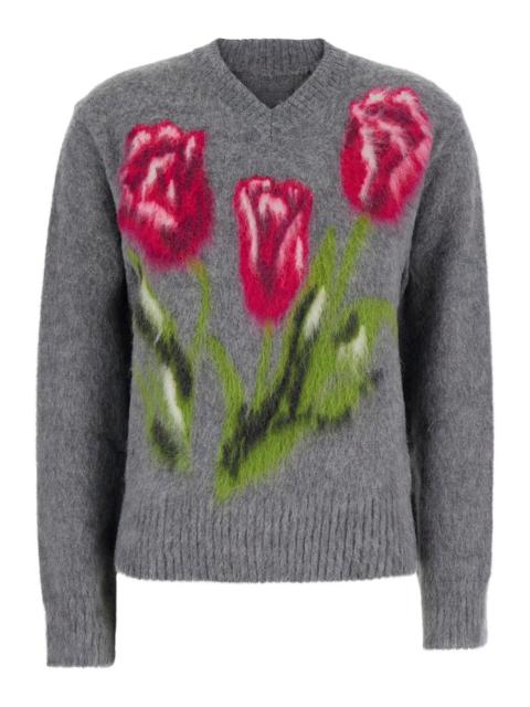 Maison Margiela Maison Margiela Women Gray Sweater With Floral Print And Brushed Effect In Blend Wool For Women