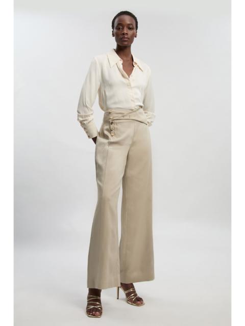 KAREN MILLEN Petite Tailored Linen Button Front Wide Leg Trouser