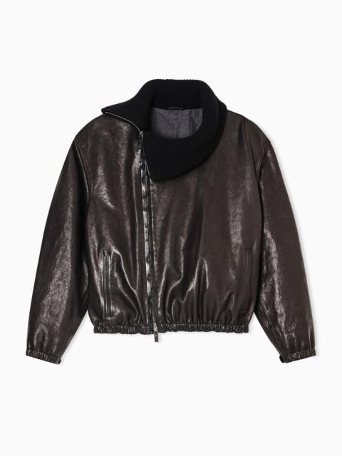 GIORGIO ARMANI NAPPA LEATHER BOMBER JACKET WITH WOOL COLLAR