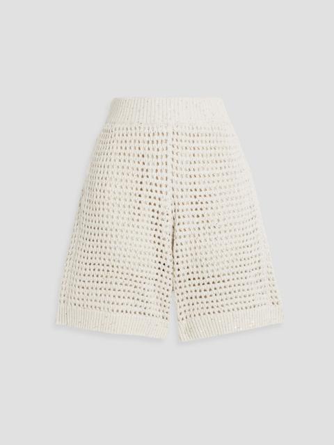 Brunello Cucinelli Sequin-embellished open-knit cotton-blend shorts