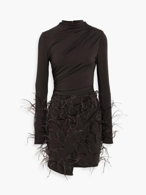 LAPOINTE Feather-trimmed ruched stretch-jersey mini dress