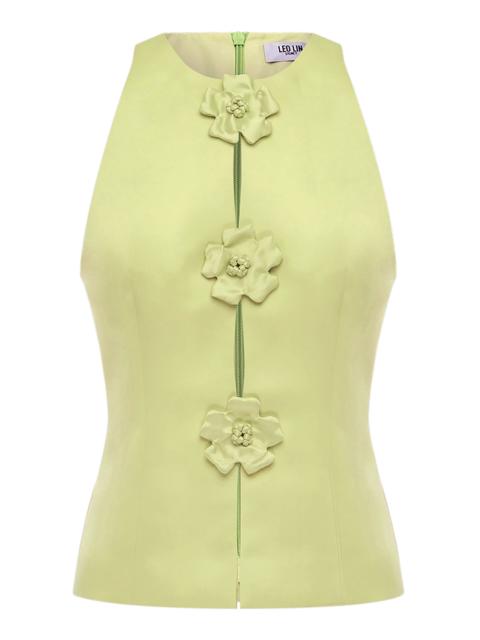 LEO LIN Amelia Floral-Appliquéd Crepe Top green