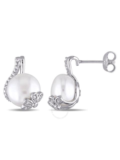 Other Designers AMOUR 10 - 10.5 Mm White Cultured Freshwater Pearl and 1/10 CT TW Diamond Swirl Earrings In Sterling