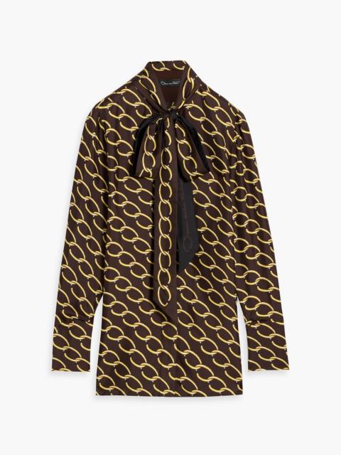 Oscar de la Renta Pussy-bow printed silk-twill blouse