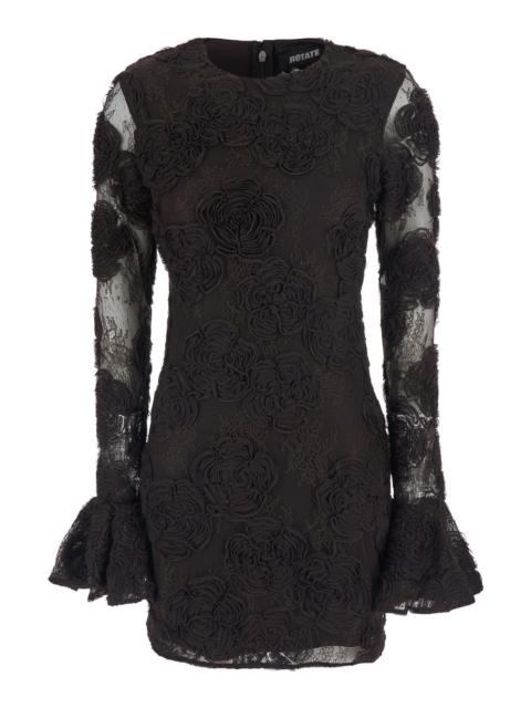 ROTATE Rotate Women Brown Mini Dress With All-Over Floral Embroidery And Long Flared Sleeves In Tech Fabric