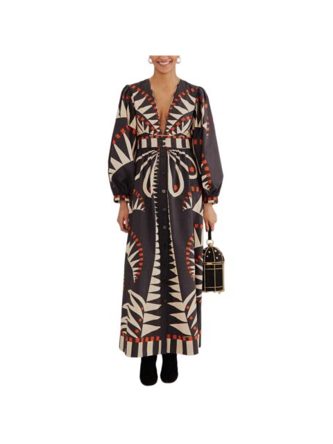 FARM RIO FARM Rio Coconut Grove Black V Neckline Puffed Sleeve Maxi Dress